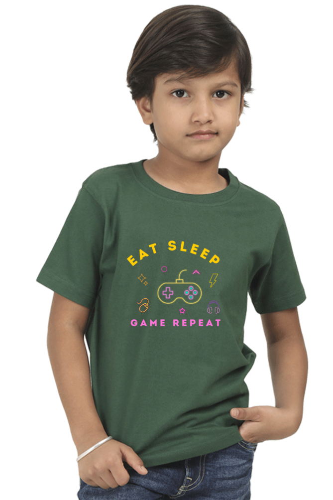 Kids Eat Sleep Game Repeat T-Shirt  Bottle-Green-13Yrs