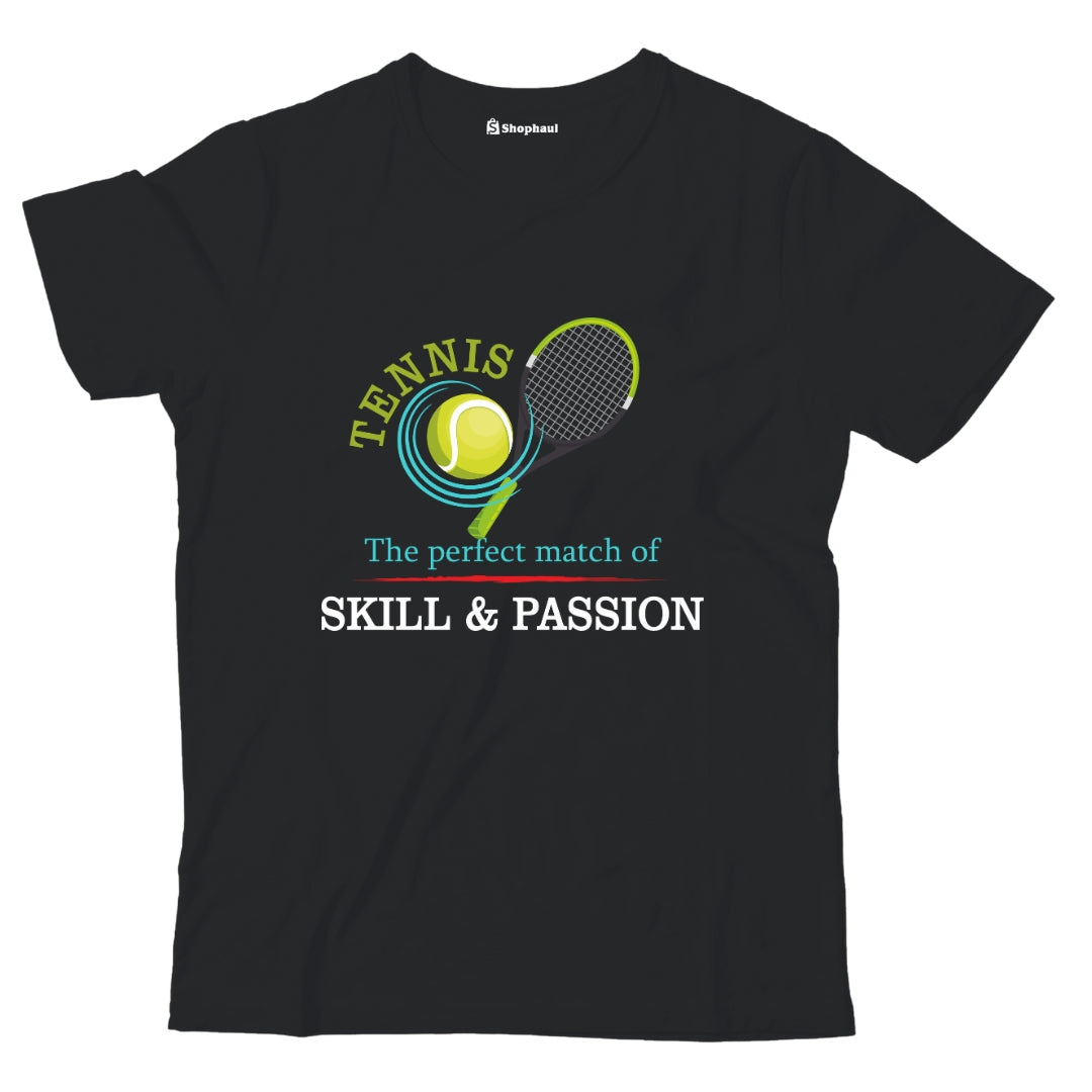 Kids Tennis is perfect match of Skill and Passion T-Shirt  Black-13Yrs