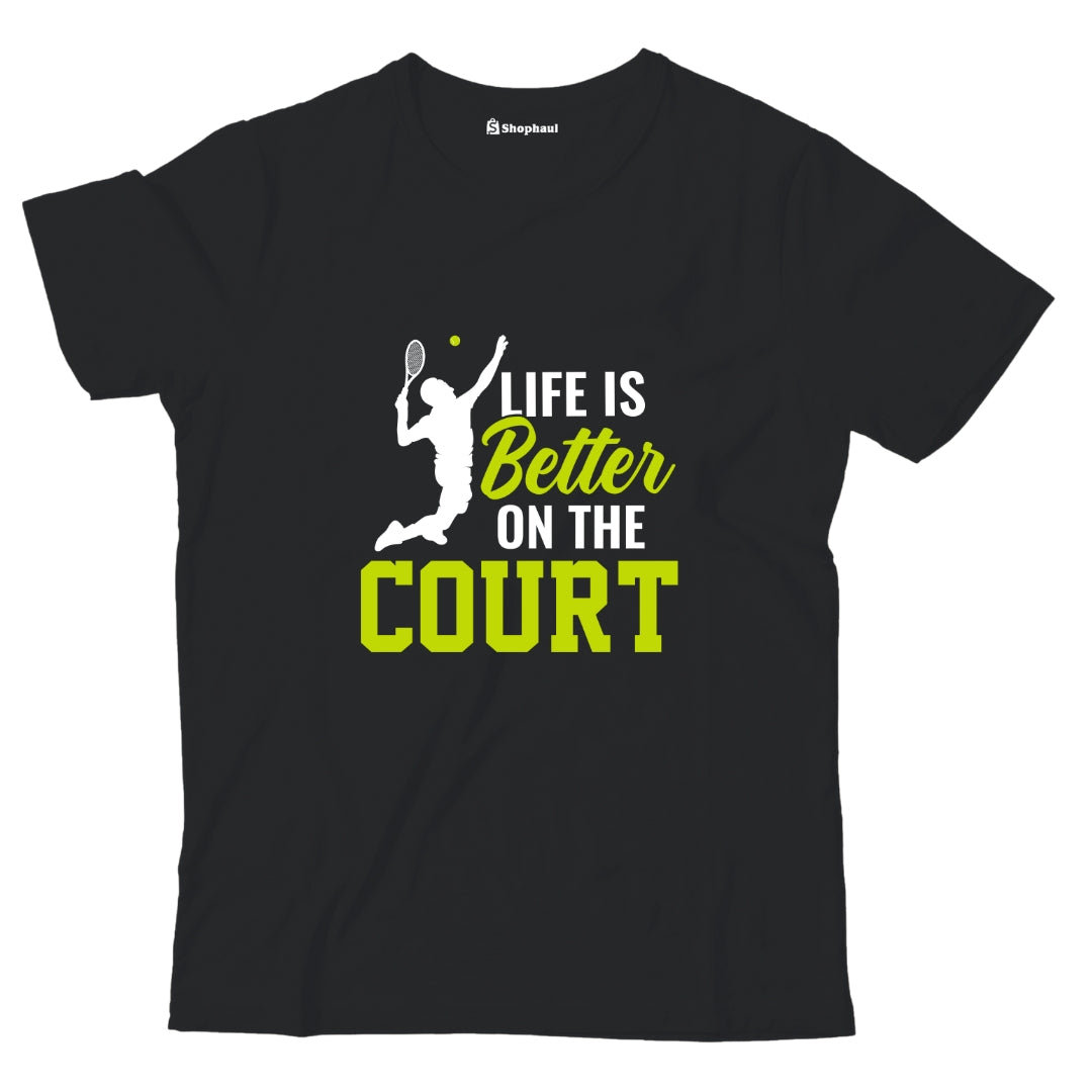 Kids Life is better on court Tennis T-Shirt  Black-13Yrs