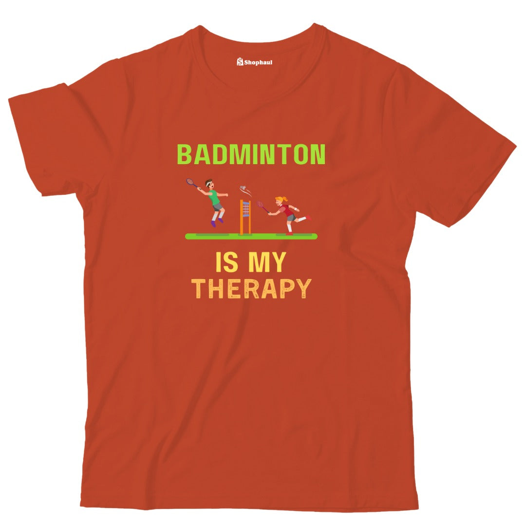 Kids Badminton is My Therapy T-Shirt  Brick-Red-13Yrs