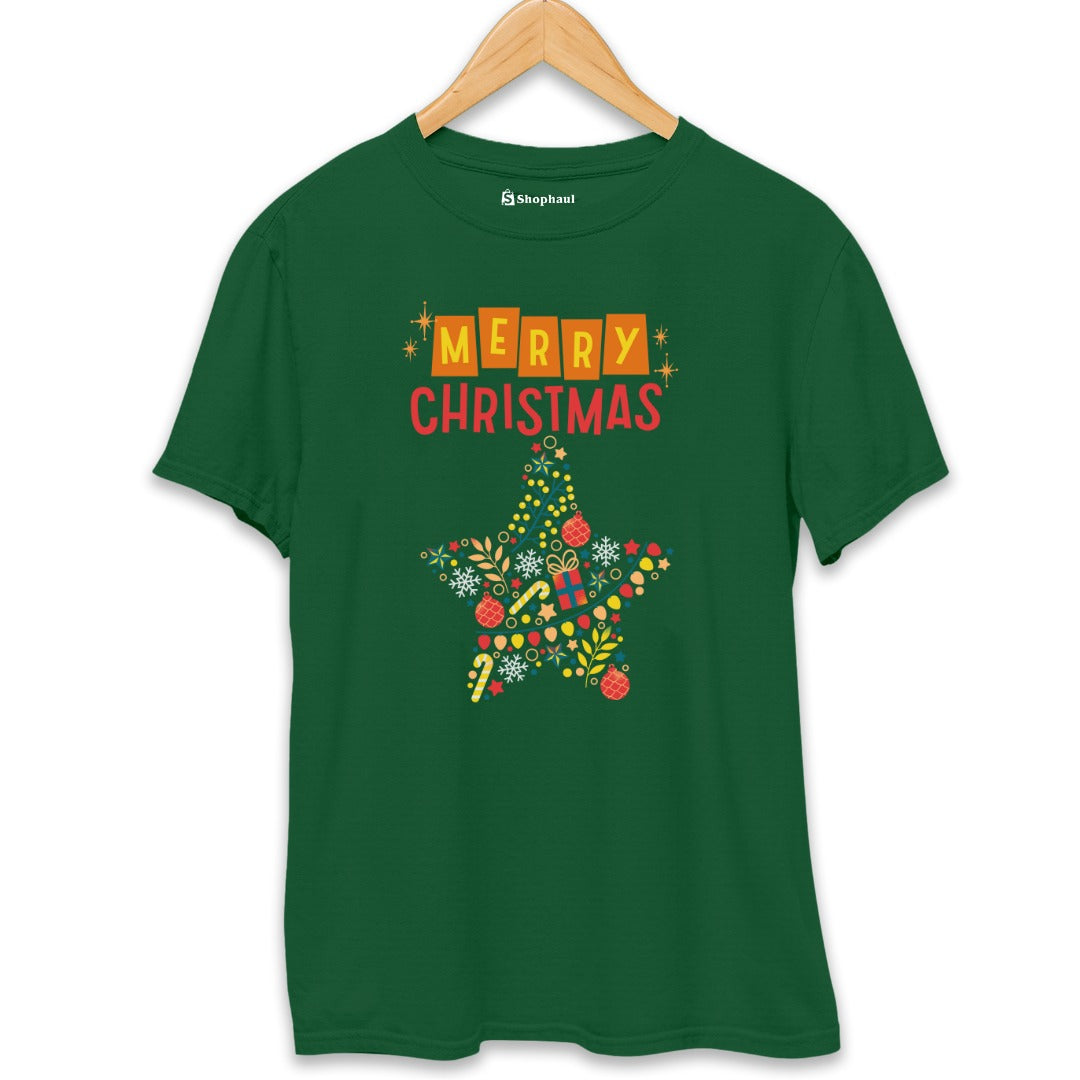 Merry Christmas Star T-Shirt  Bottle-Green-XXL