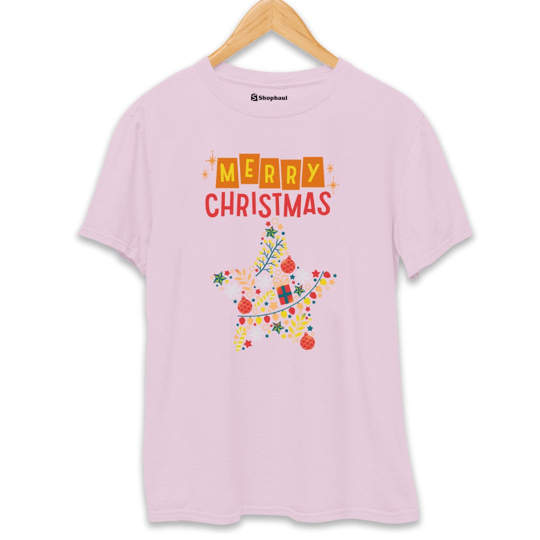 Merry Christmas Star T-Shirt  Light-Baby-Pink-XXL