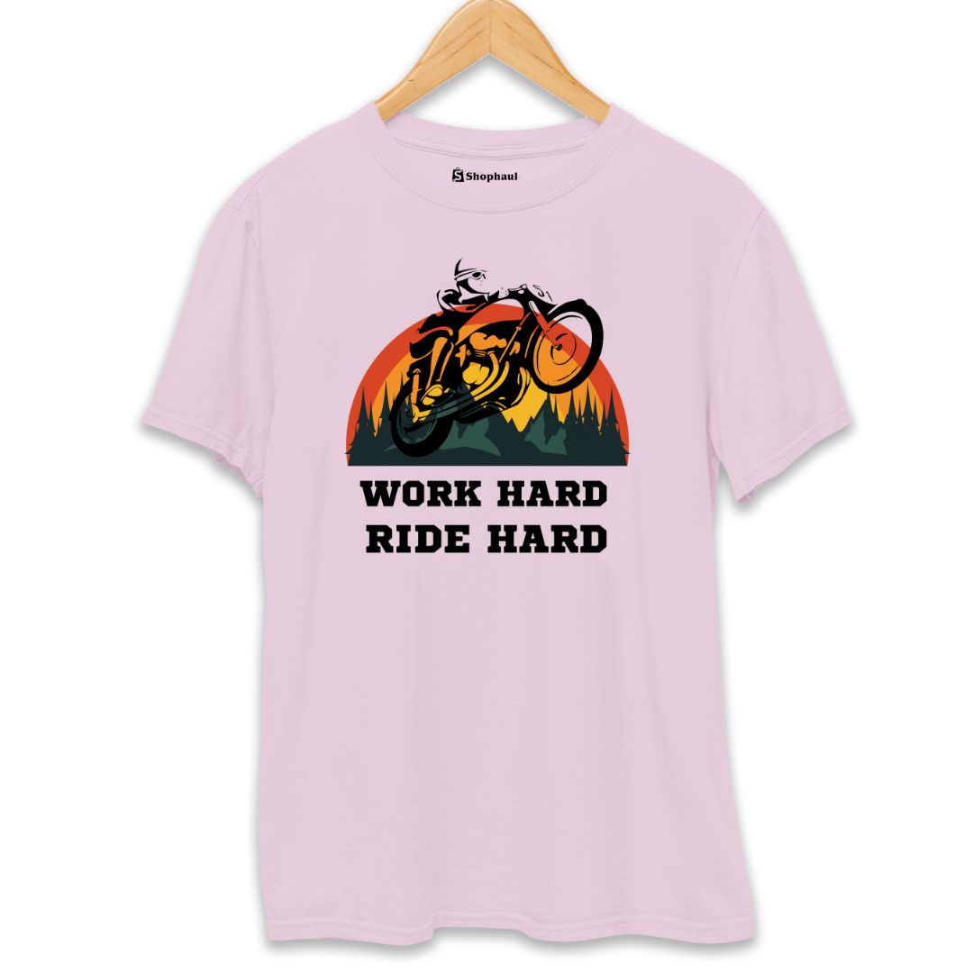 Work Hard Ride Hard Biker T-Shirt  Light-Baby-Pink-XXL