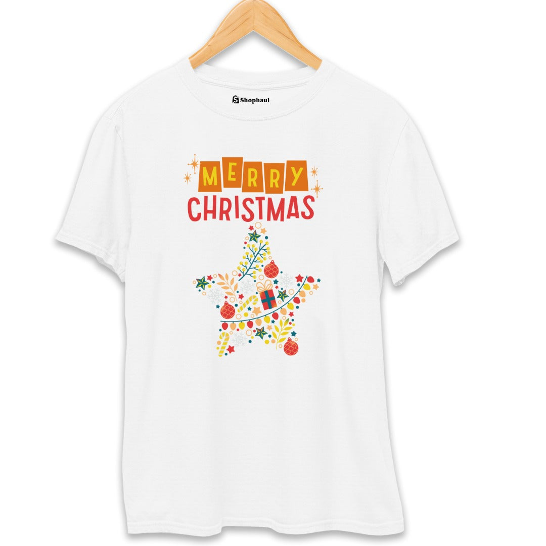 Merry Christmas Star T-Shirt  White-XXL