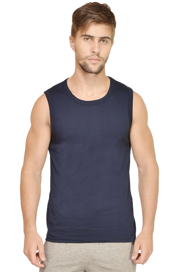 Navy Blue Sleeveless Plain T-Shirt 